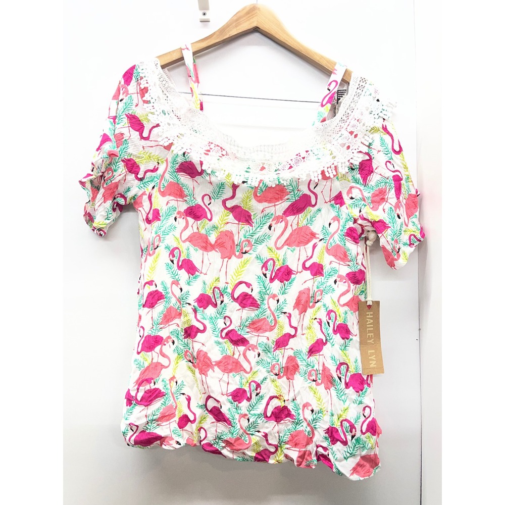 Hailey Lyn Flamingo Cold Shoulder Lace Trim Top XL Pink Tropical Summer NWT